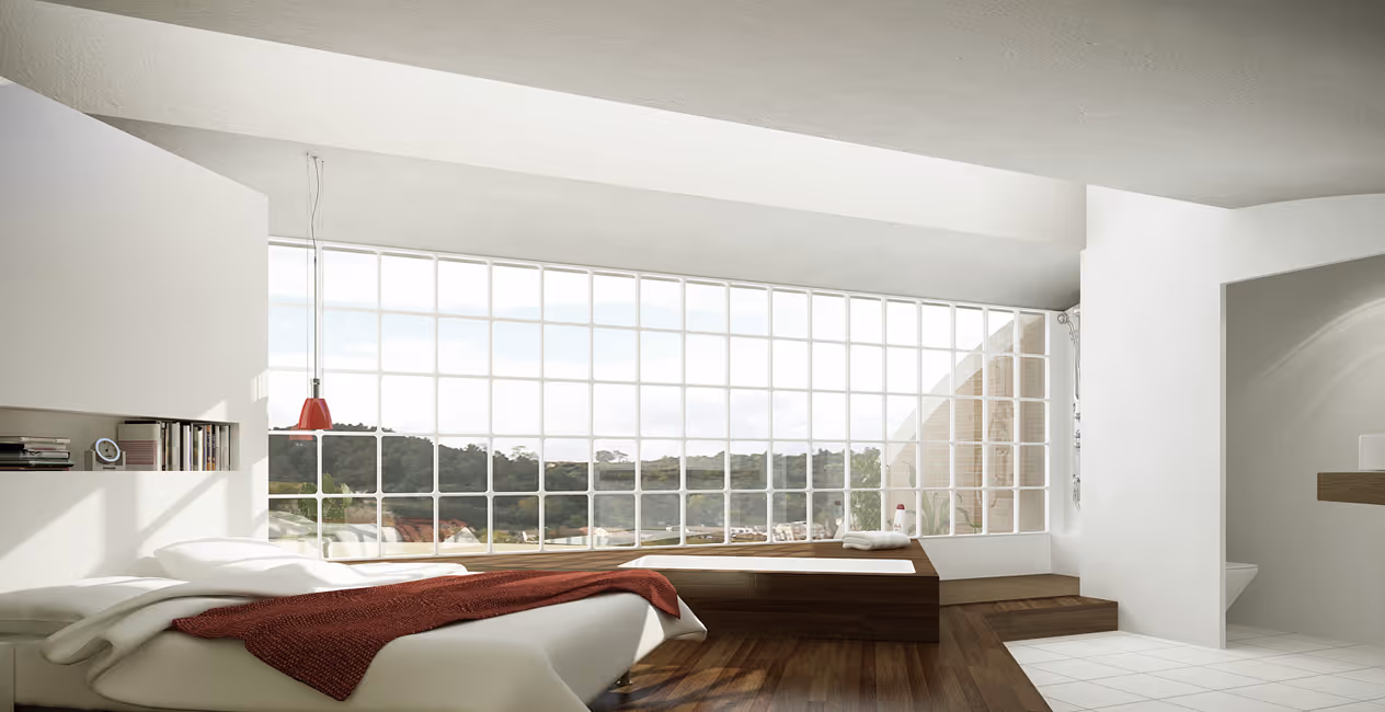 Sala de estar com cama, janela em quadrícula e teto acústico contínuo branco