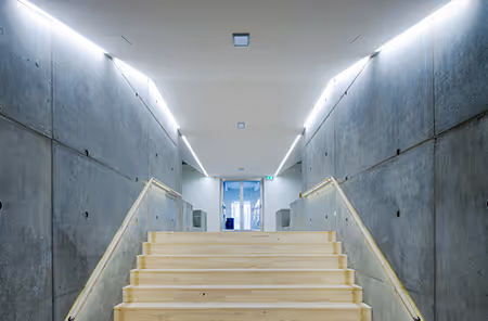Escada em betão e madeira do Gl. Hellerup Gymnasium com teto acústico contínuo iluminado